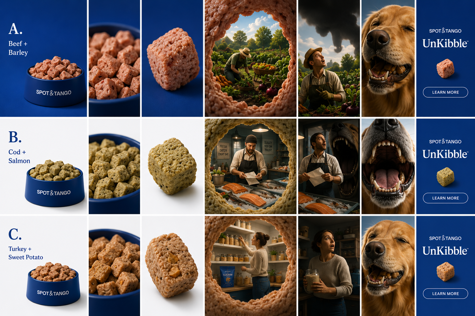 Inside Every Piece concept board. Three flavors (Beef + Barley, Cod + Salmon, Turkey + Sweet Potato) each shown as bowl, single piece, the world inside the piece (garden, butcher shop, pantry), and the end-card.