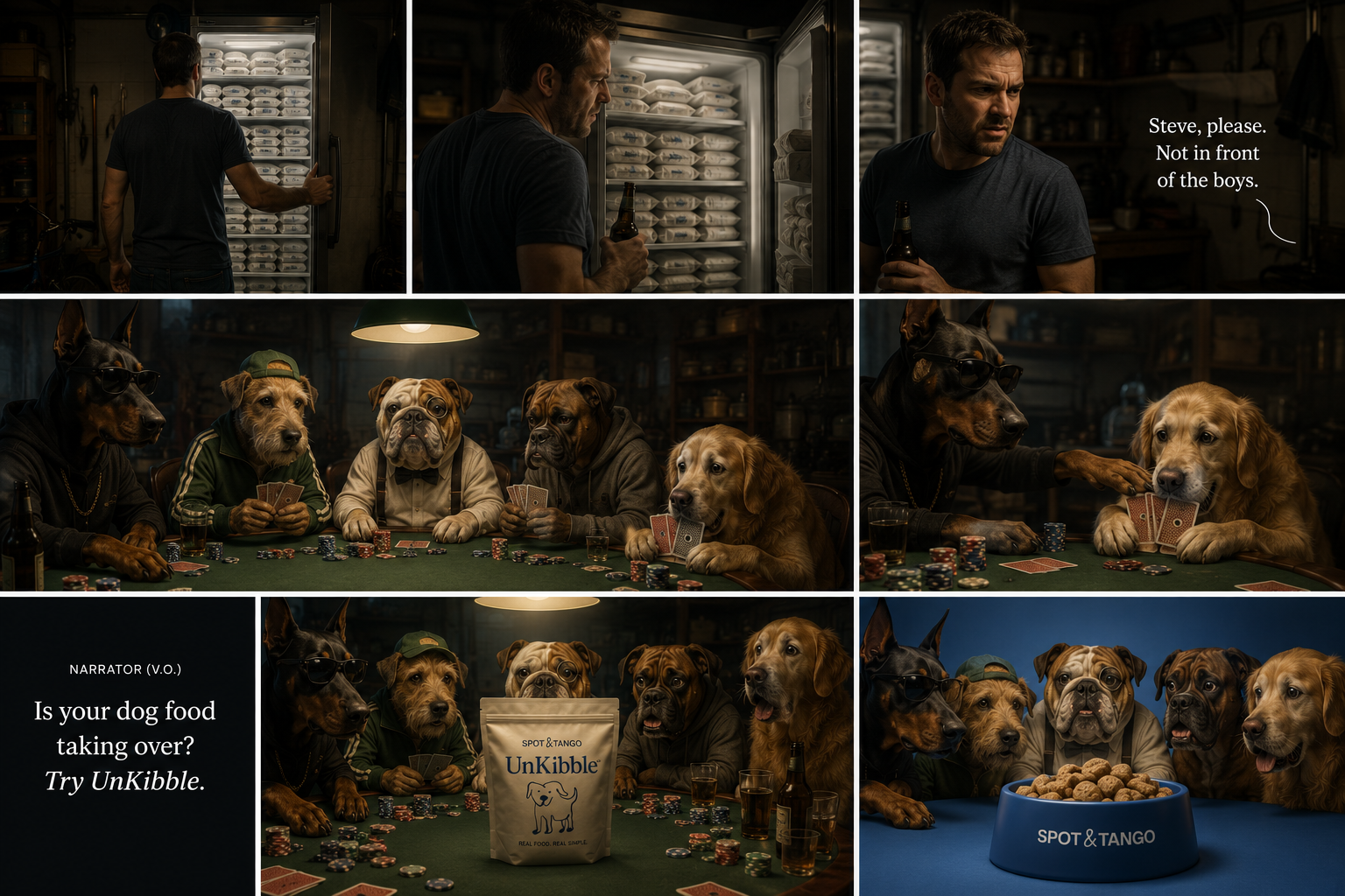 The Poker Game concept board. Steve at the fridge full of frozen pouches, the dog's line, the poker table reveal with five dogs in character, the bag drop, and the closing bowl shot.