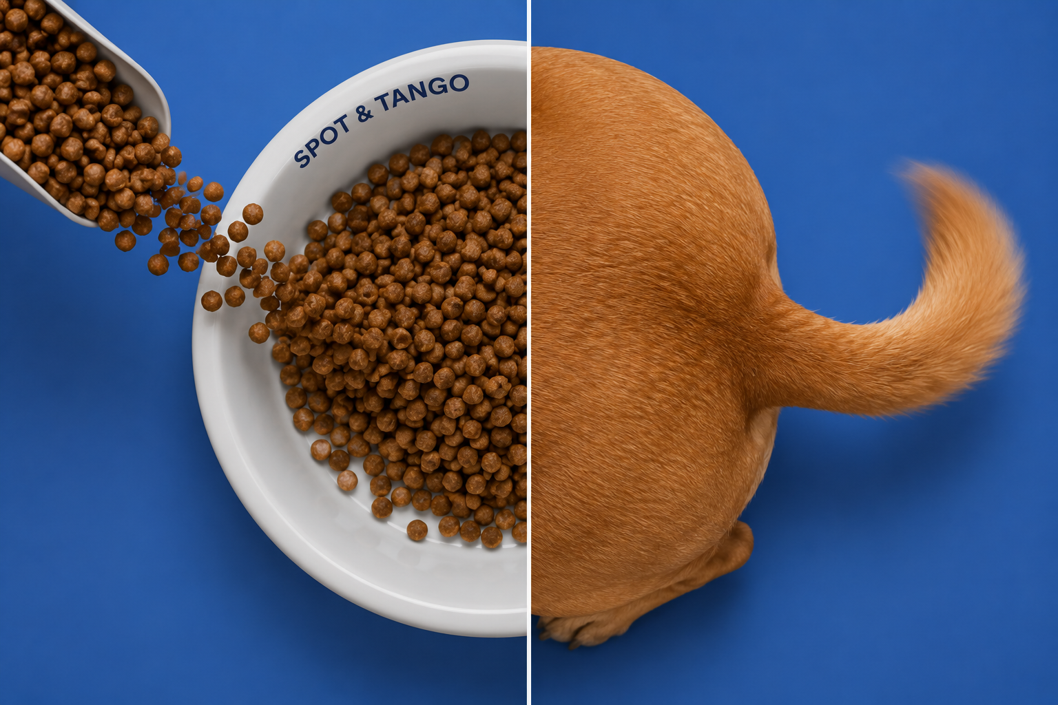 The Tell concept frame: split-screen on Spot & Tango blue. Left, a top-down bowl with UnKibble being scooped. Right, a top-down on a dog with a curled tail mid-wag.